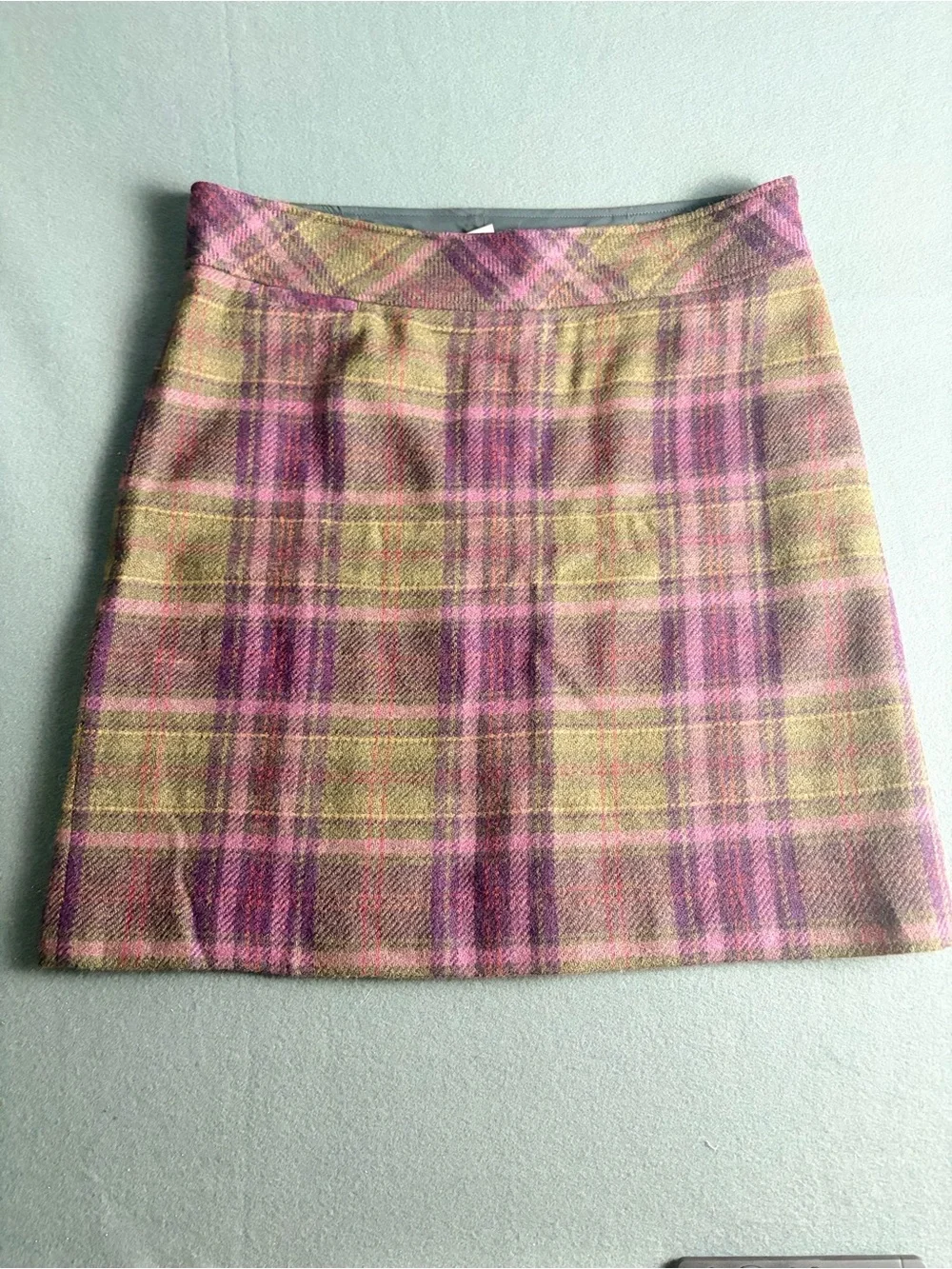 LL Bean Womens Sz 16 A-Line Purple Olive Plaid Wool Blend Skirt Lined, Side Zip